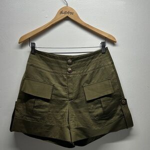 Caroline Constas Shorts High Waisted Military Cargo Linen Army Green Size Small